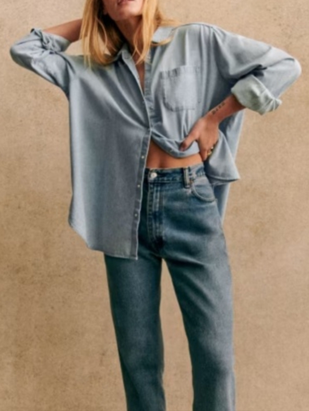 Sezane Max Mother Of Pearl Snap Buttons Down Shirt Light Denim Size 32 - Picture 2 of 10
